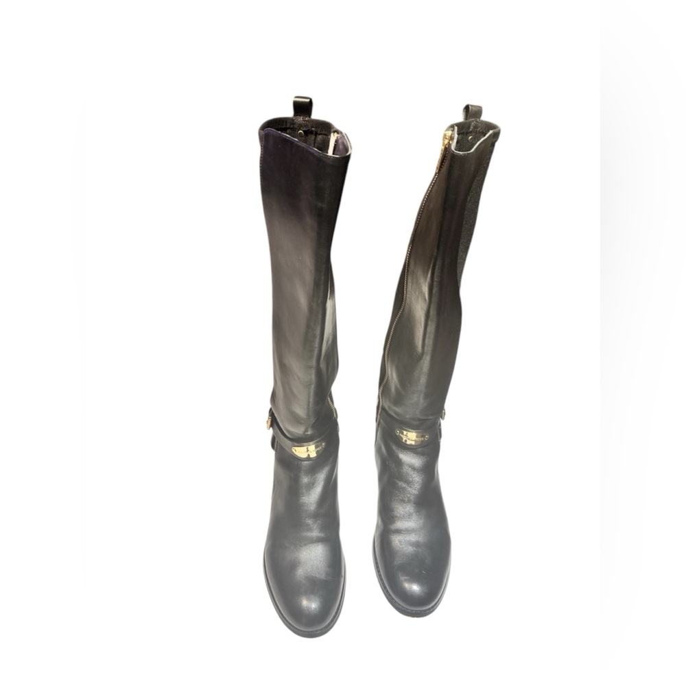 Michael Kors Black Leather Elastic Back Arley Knee-High Boots - Picture 3 of 16